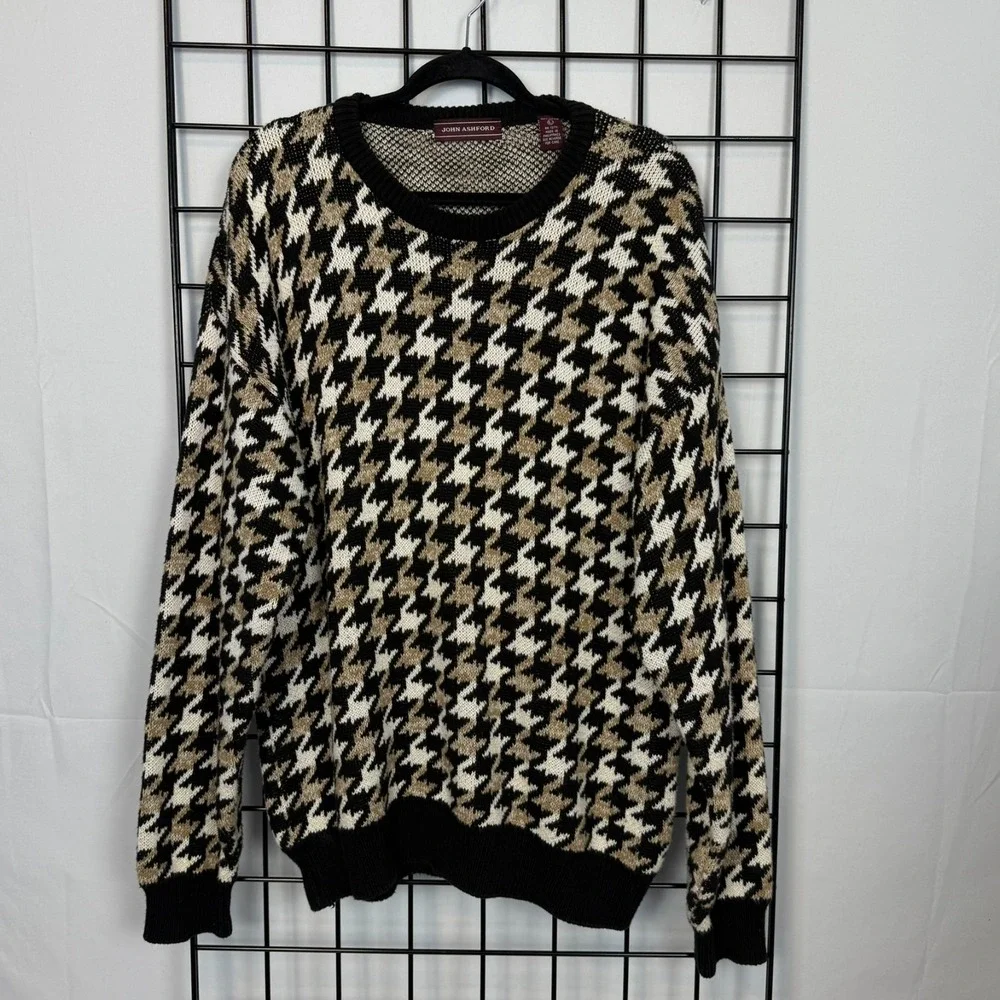 Vintage John Ashford‎ Sweater Mens Large Beige Black Houndstooth Cosby Eclectic
